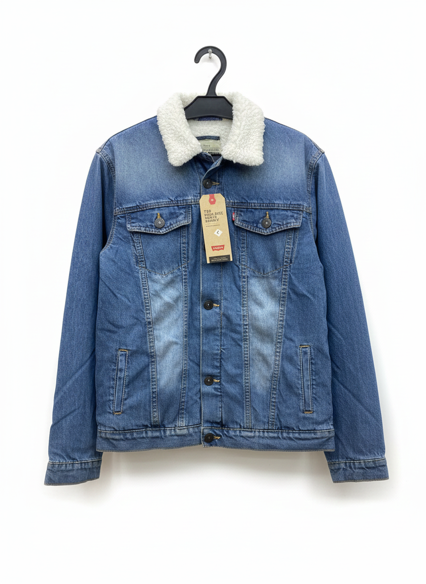 Stylish Men’s Denim Fur Jacket – Soft Fleece Lining